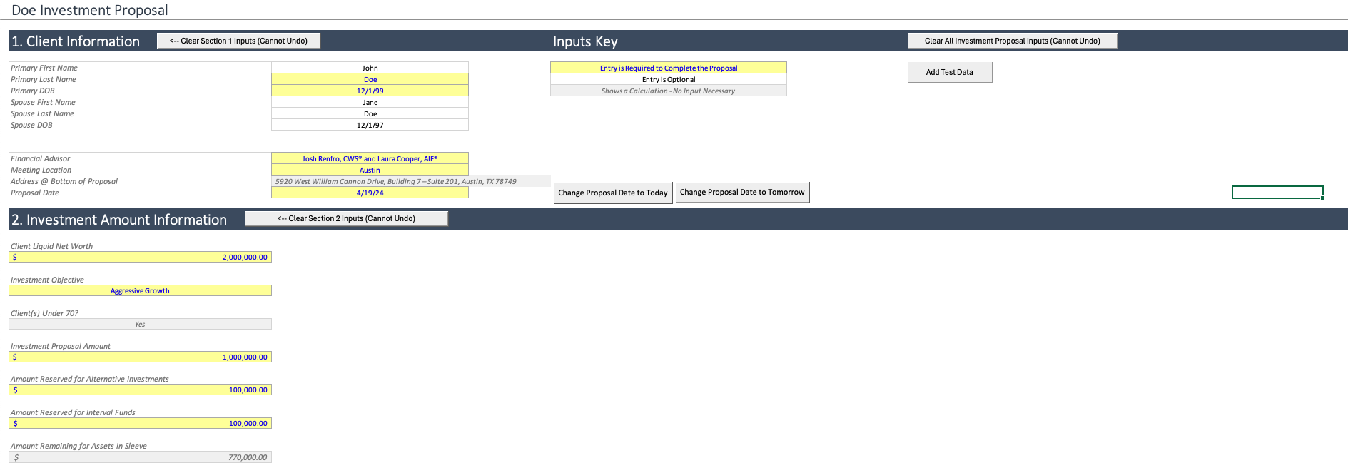 Investment proposal model inputs screen