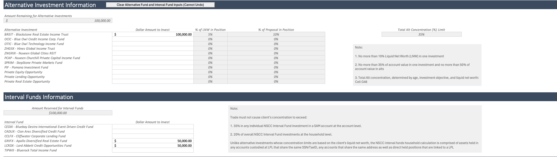 Investment proposal model calculation view