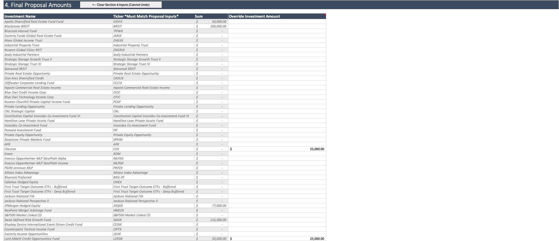 Investment proposal model additional output screen