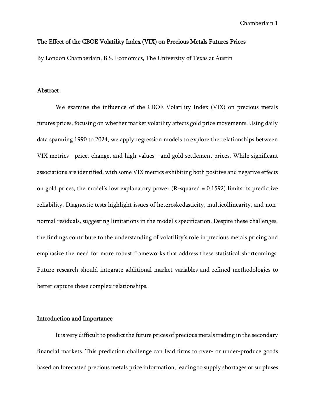 First page of the VIX and precious metals futures paper